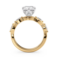 Load image into Gallery viewer, LUCCE Emerald Radiant Diamond Ring with Marquise Accents in Intertwining Vines and Petal Prongs Mid Setting Engagement Ring in Gold or Platinum