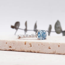 Load image into Gallery viewer, Blue Cushion Diamond Engagement Ring with Marquise and Round Accent Band with Petal Prong in Gold or Platinum, Manila Philippines