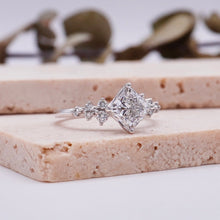 Load image into Gallery viewer, Princess Diamond Cluster Engagement ring with Petal Prongs in Gold or Platinum, Manila Philippines