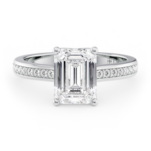 Load image into Gallery viewer, LUCCE Low setting with Bead Bright Channel Pavé Diamond and Gemstone Engagement Ring with Emerald Center Stone in Gold or Platinum