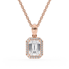 Load image into Gallery viewer, LUCCE Emerald cut Diamond necklace with Halo Pendant Necklace in Gold or Platinum