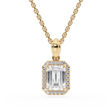Load image into Gallery viewer, LUCCE Emerald cut Diamond necklace with Halo Pendant Necklace in Gold or Platinum