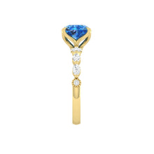 Load image into Gallery viewer, Blue Cushion Diamond Engagement Ring with Marquise and Round Accent Band with Petal Prong in Gold or Platinum, Manila Philippines