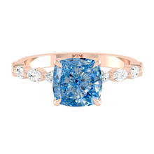 Load image into Gallery viewer, Blue Cushion Diamond Engagement Ring with Marquise and Round Accent Band with Petal Prong in Gold or Platinum, Manila Philippines