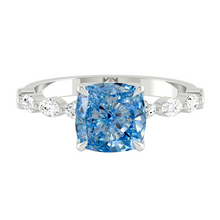 Load image into Gallery viewer, Blue Cushion Diamond Engagement Ring with Marquise and Round Accent Band with Petal Prong in Gold or Platinum, Manila Philippines