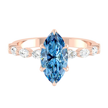 Load image into Gallery viewer, Blue Marquise Diamond Engagement Ring with Marquise and Round Accent Band with Petal Prong in Gold or Platinum, Manila Philippines