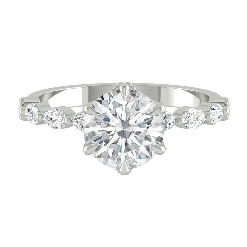 Round Diamond Engagement Ring with Marquise and Round Accent Band with Petal Prong in Gold or Platinum, Manila Philippines