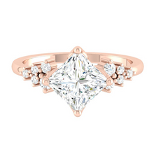 Load image into Gallery viewer, Princess Diamond Cluster Engagement ring with Petal Prongs in Gold or Platinum, Manila Philippines