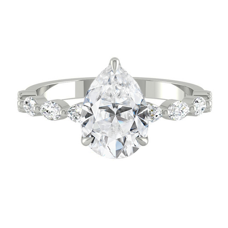 Pear Diamond Engagement Ring with Marquise and Round Accent Band with Petal Prong in Gold or Platinum, Manila Philippines