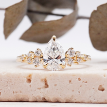 Load image into Gallery viewer, Pear Diamond Cluster Engagement ring with Petal Prongs in Gold or Platinum, Manila Philippines