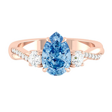 Load image into Gallery viewer, Blue Pear Trio Diamond Engagement Ring with Pave Twisting Gold Platinum band Philippines