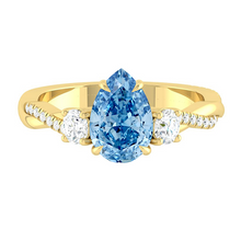 Load image into Gallery viewer, Blue Pear Trio Diamond Engagement Ring with Pave Twisting Gold Platinum band Philippines