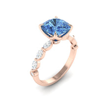 Load image into Gallery viewer, Blue Cushion Diamond Engagement Ring with Marquise and Round Accent Band with Petal Prong in Gold or Platinum, Manila Philippines