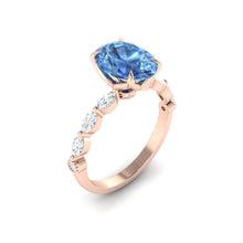 Load image into Gallery viewer, Blue Oval Diamond Engagement Ring with Marquise and Round Accent Band with Petal Prong in Gold or Platinum, Manila Philippines