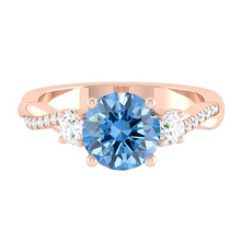 Load image into Gallery viewer, Blue Trio Diamond Engagement Ring with Pave Twisting Gold Platinum band Philippines
