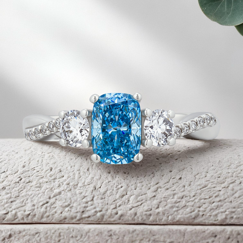 Lucce Fiore Trio Cushion Ocean Blue Lab Diamond 0.77ct Fancy Vivid Blue VVS2 Ex IGI 14K White Gold