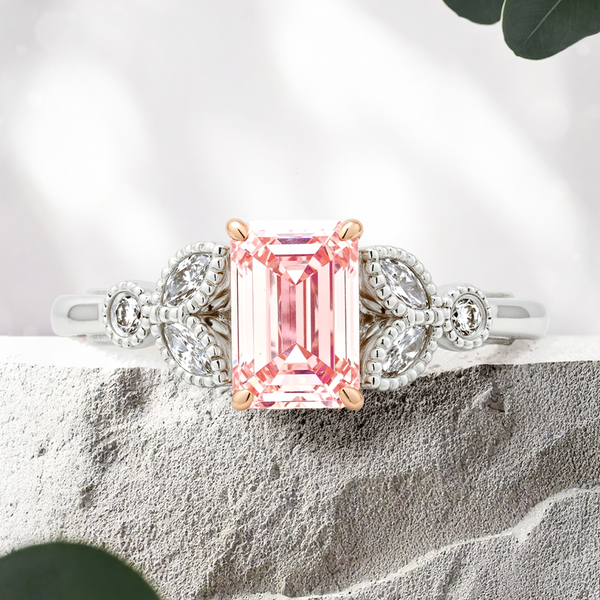 Lucce Stella Emerald Rosé Pink Lab Diamond 1.02ct FIP VS1 IGI Platinum and 14K Rose Gold Prongs