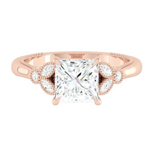 Load image into Gallery viewer, Princess Diamond Engagement Ring with Marquise and Round cut and milgrain accent Band in Gold or Platinum, Manila, Philippines