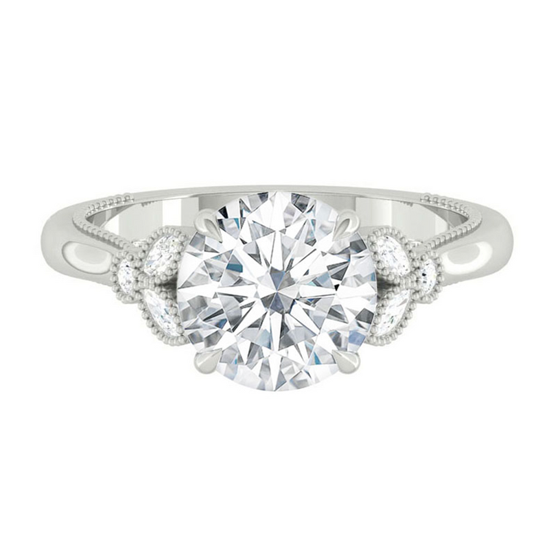 Round Diamond Engagement Ring with Marquise and Round cut and milgrain accent Band in Gold or Platinum, Manila, Philippines