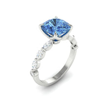 Load image into Gallery viewer, Blue Cushion Diamond Engagement Ring with Marquise and Round Accent Band with Petal Prong in Gold or Platinum, Manila Philippines