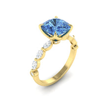 Load image into Gallery viewer, Blue Cushion Diamond Engagement Ring with Marquise and Round Accent Band with Petal Prong in Gold or Platinum, Manila Philippines