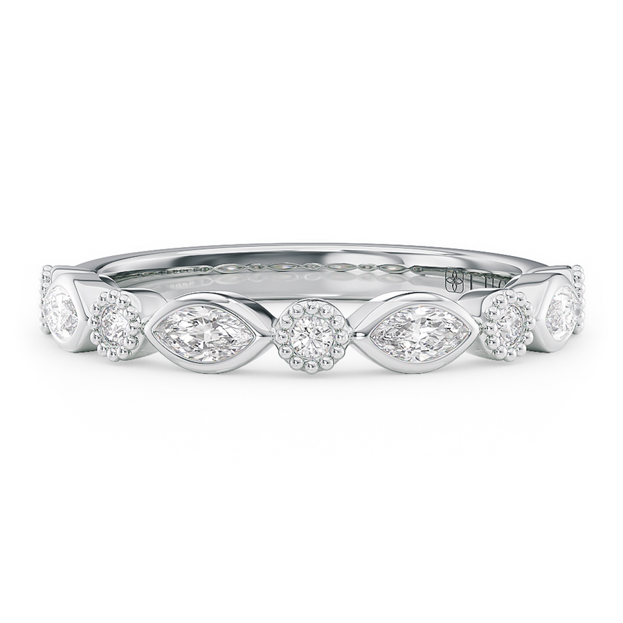 Load image into Gallery viewer, LUCCE Round and Marquise Diamond Wedding Ring with Bezel and Milgrain Setting in Gold or Platinum
