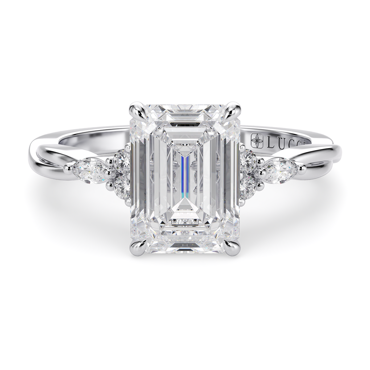 Load image into Gallery viewer, LUCCE Twisting Cluster Emerald Diamond in  Low Basket Setting Engagement Ring in Gold or Platinum
