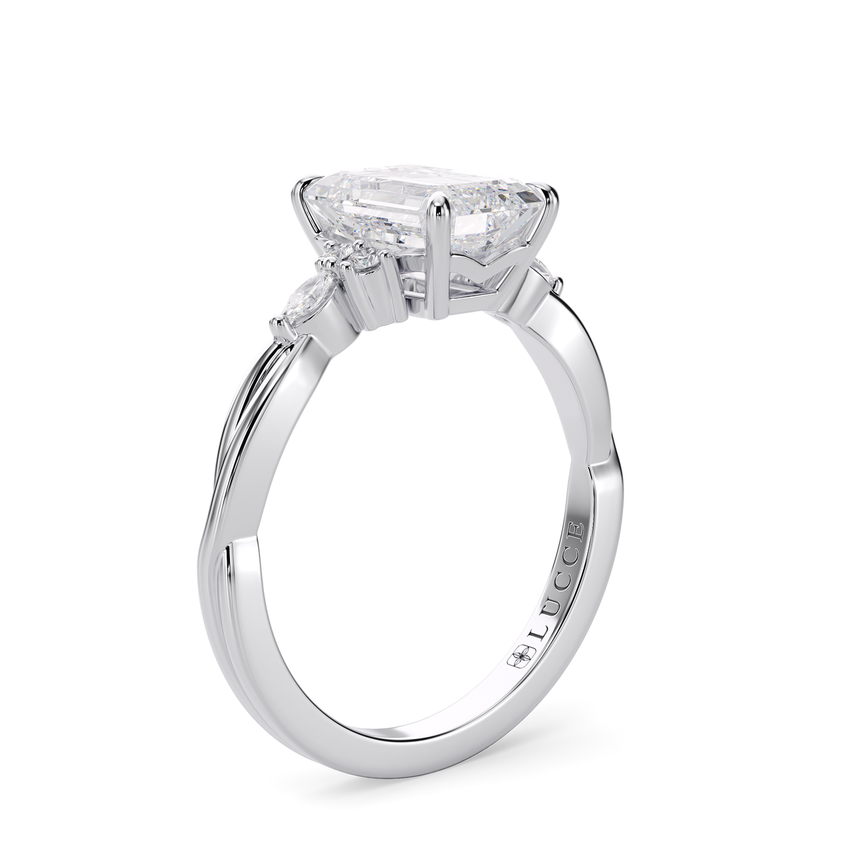 Load image into Gallery viewer, LUCCE Twisting Cluster Emerald Diamond in  Low Basket Setting Engagement Ring in Gold or Platinum
