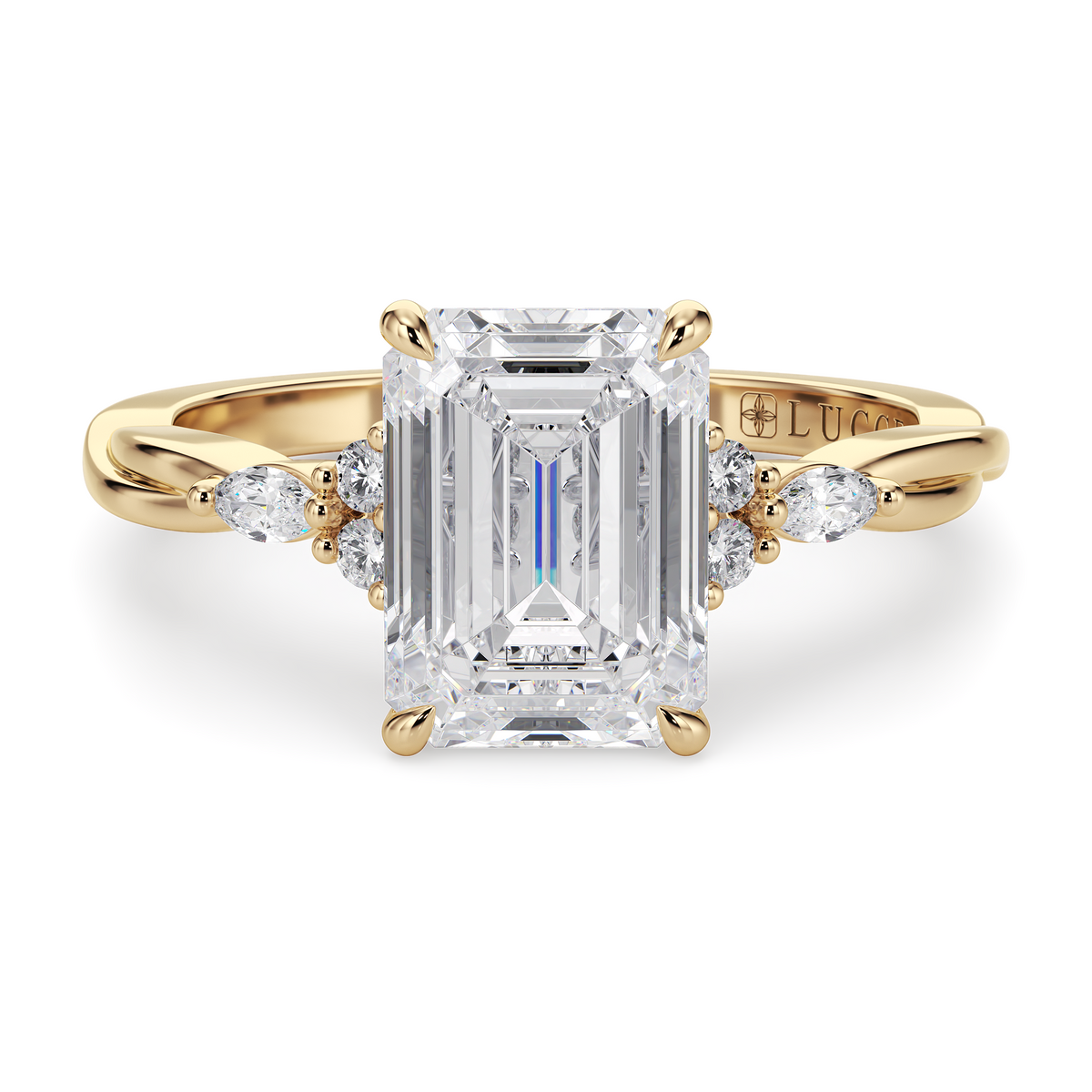 Load image into Gallery viewer, LUCCE Twisting Cluster Emerald Diamond in  Low Basket Setting Engagement Ring in Gold or Platinum
