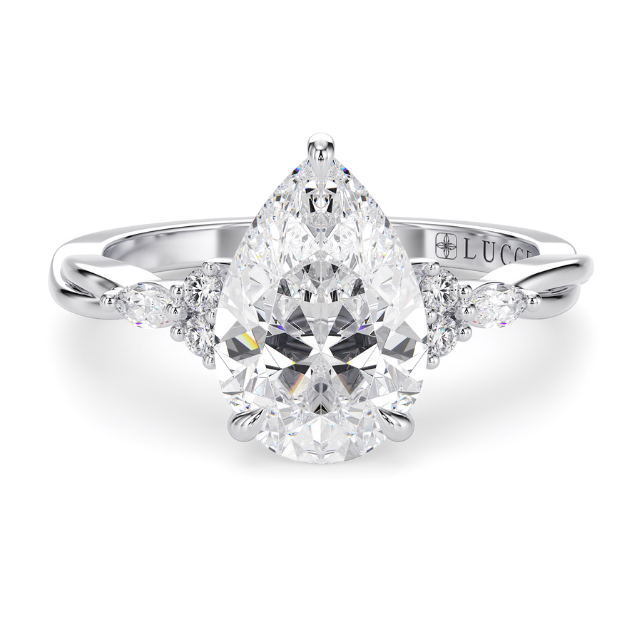 Load image into Gallery viewer, LUCCE Twisting Cluster Pear Diamond in  Low Basket Setting Engagement Ring in Gold or Platinum
