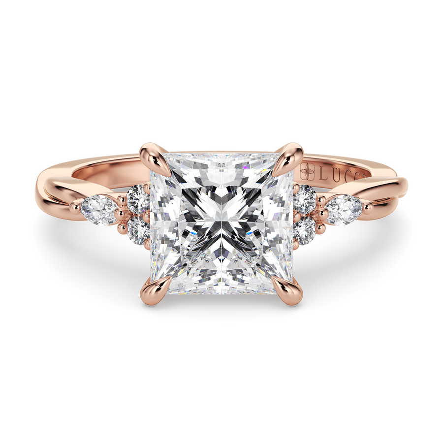 Load image into Gallery viewer, LUCCE Twisting Cluster Princess Diamond in  Low Basket Setting Engagement Ring in Gold or Platinum
