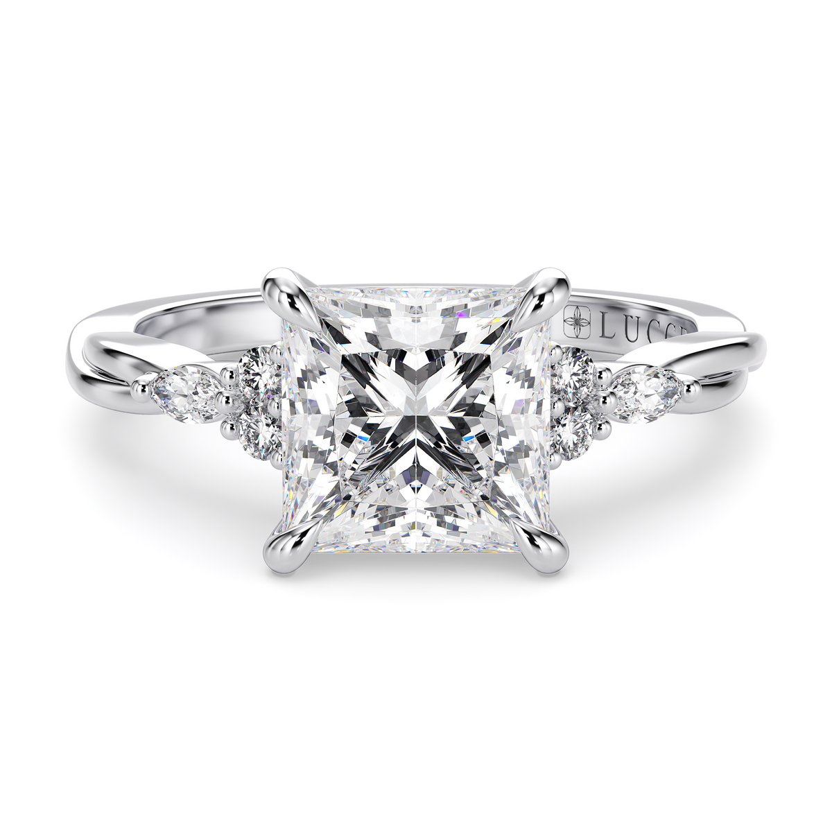 Load image into Gallery viewer, LUCCE Twisting Cluster Princess Diamond in  Low Basket Setting Engagement Ring in Gold or Platinum
