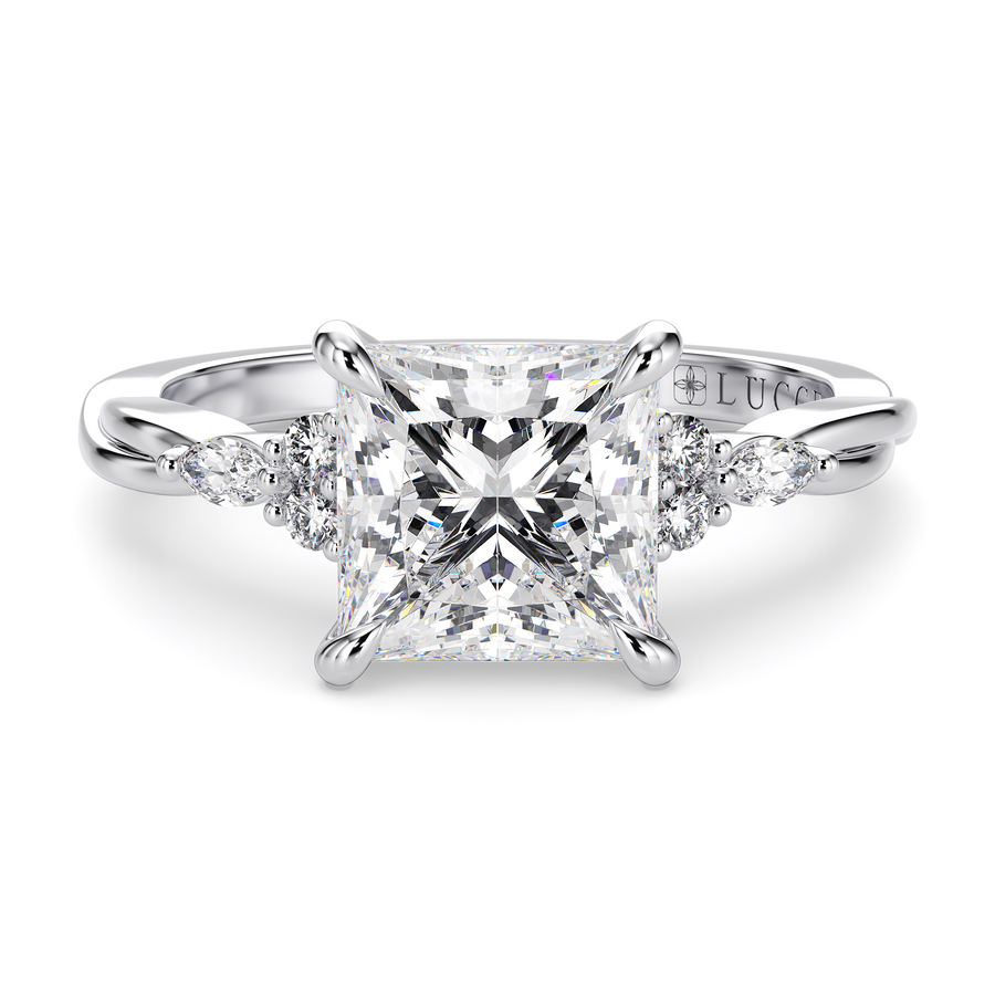 Load image into Gallery viewer, LUCCE Twisting Cluster Princess Diamond in  Low Basket Setting Engagement Ring in Gold or Platinum
