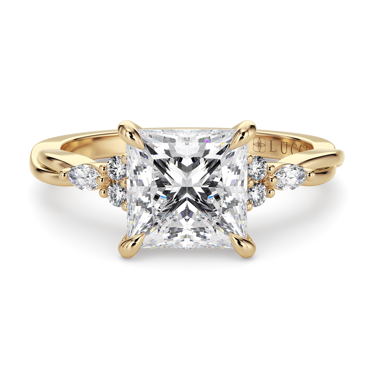 Load image into Gallery viewer, LUCCE Twisting Cluster Princess Diamond in  Low Basket Setting Engagement Ring in Gold or Platinum
