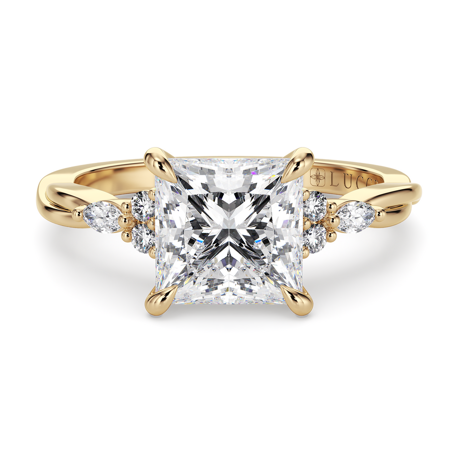 Load image into Gallery viewer, LUCCE Twisting Cluster Princess Diamond in  Low Basket Setting Engagement Ring in Gold or Platinum

