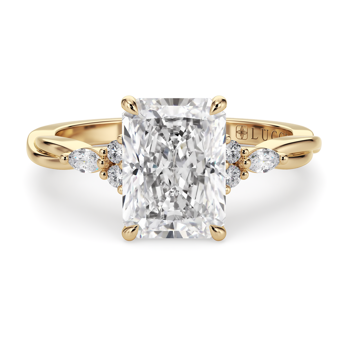 Load image into Gallery viewer, LUCCE Twisting Cluster Radiant Diamond in Low Basket Setting Engagement Ring in Gold or Platinum
