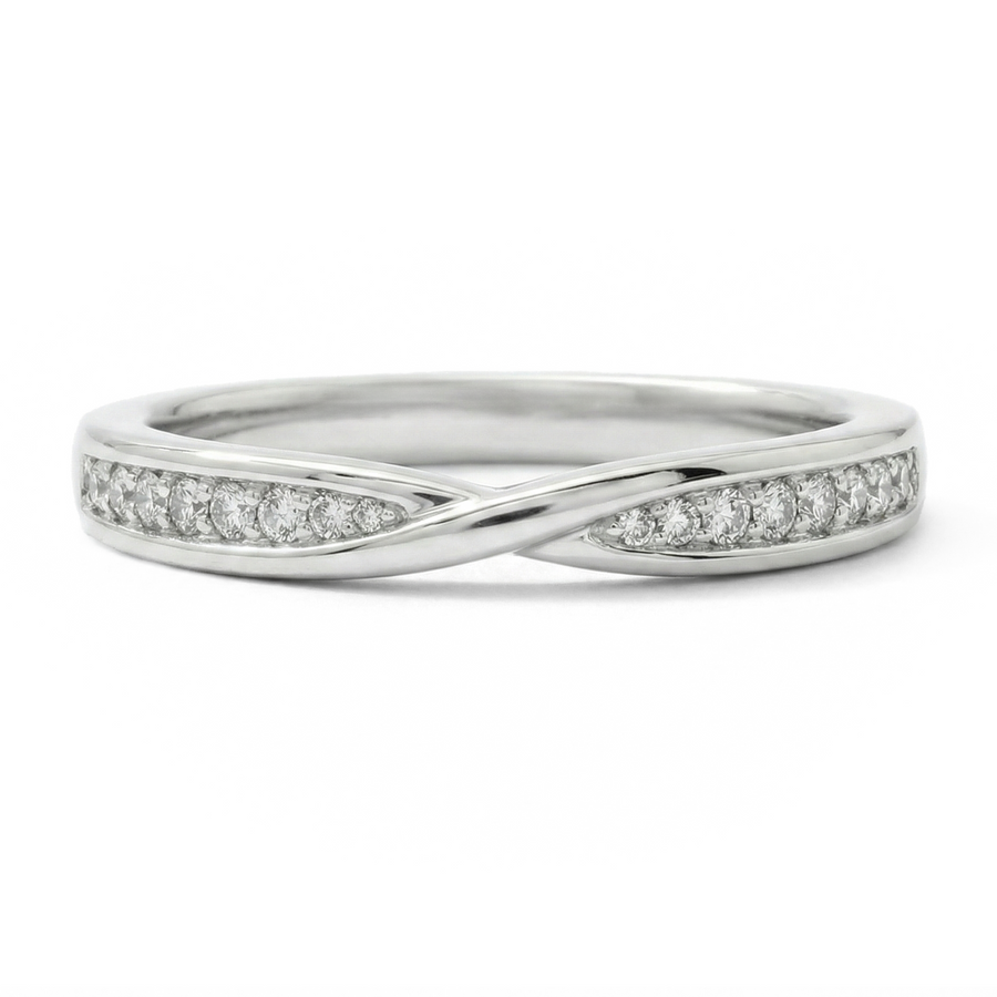 Load image into Gallery viewer, Half Eternity Twisted Pavé Round Diamond Wedding Ring in Gold or Platinum
