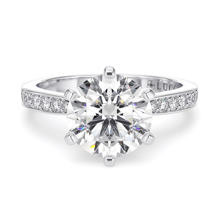 Load image into Gallery viewer, LUCCE Pave Round Diamond with Classic Crown Tab Prongs Engagement Ring in Gold or Platinum
