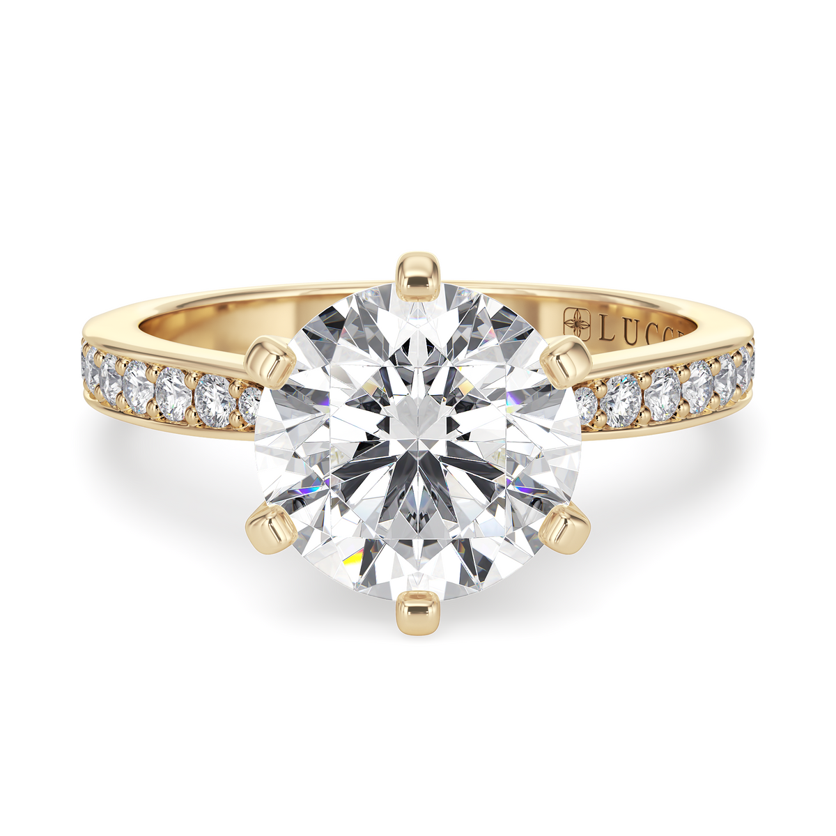 Load image into Gallery viewer, LUCCE Pave Round Diamond with Classic Crown Tab Prongs Engagement Ring in Gold or Platinum
