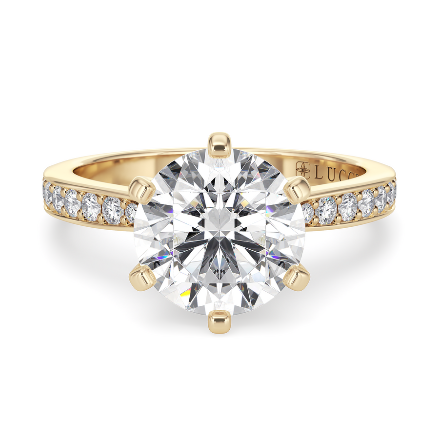 Load image into Gallery viewer, LUCCE Pave Round Diamond with Classic Crown Tab Prongs Engagement Ring in Gold or Platinum
