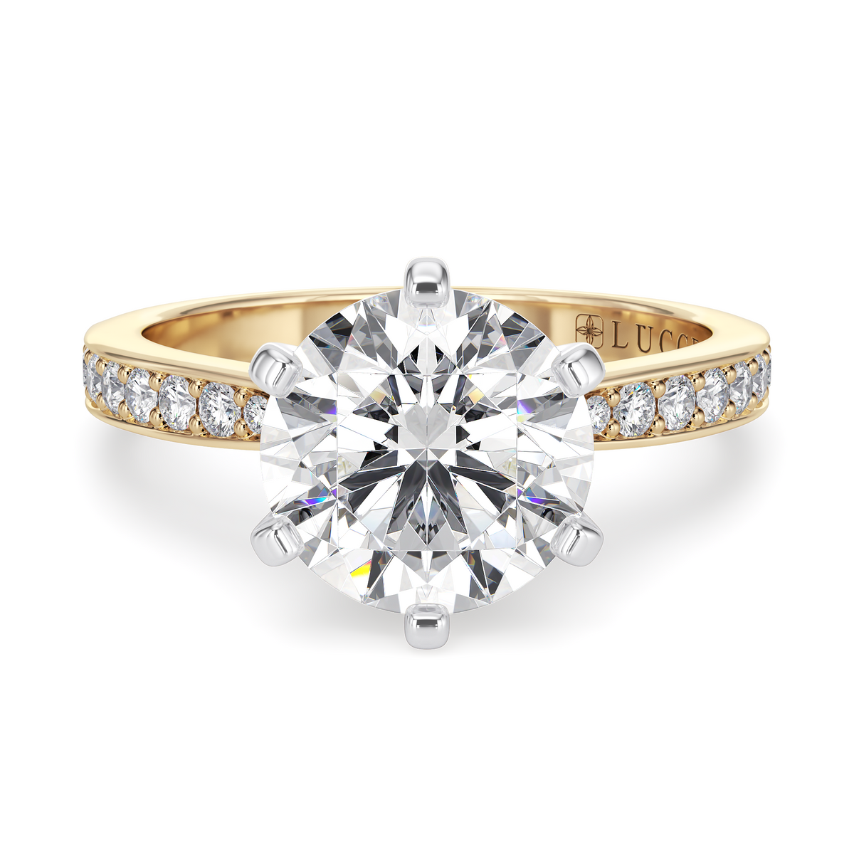 Load image into Gallery viewer, LUCCE Pave Round Diamond with Classic Crown Tab Prongs Engagement Ring in Gold or Platinum

