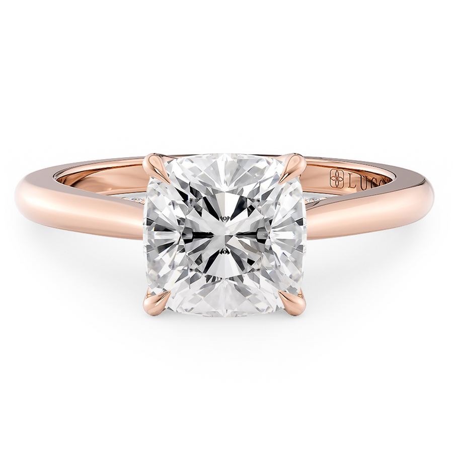 Load image into Gallery viewer, LUCCE Cathedral Cushion Diamond Solitaire Engagement Ring with Petal Prongs and Hidden Accent Stones in Gold or Platinum
