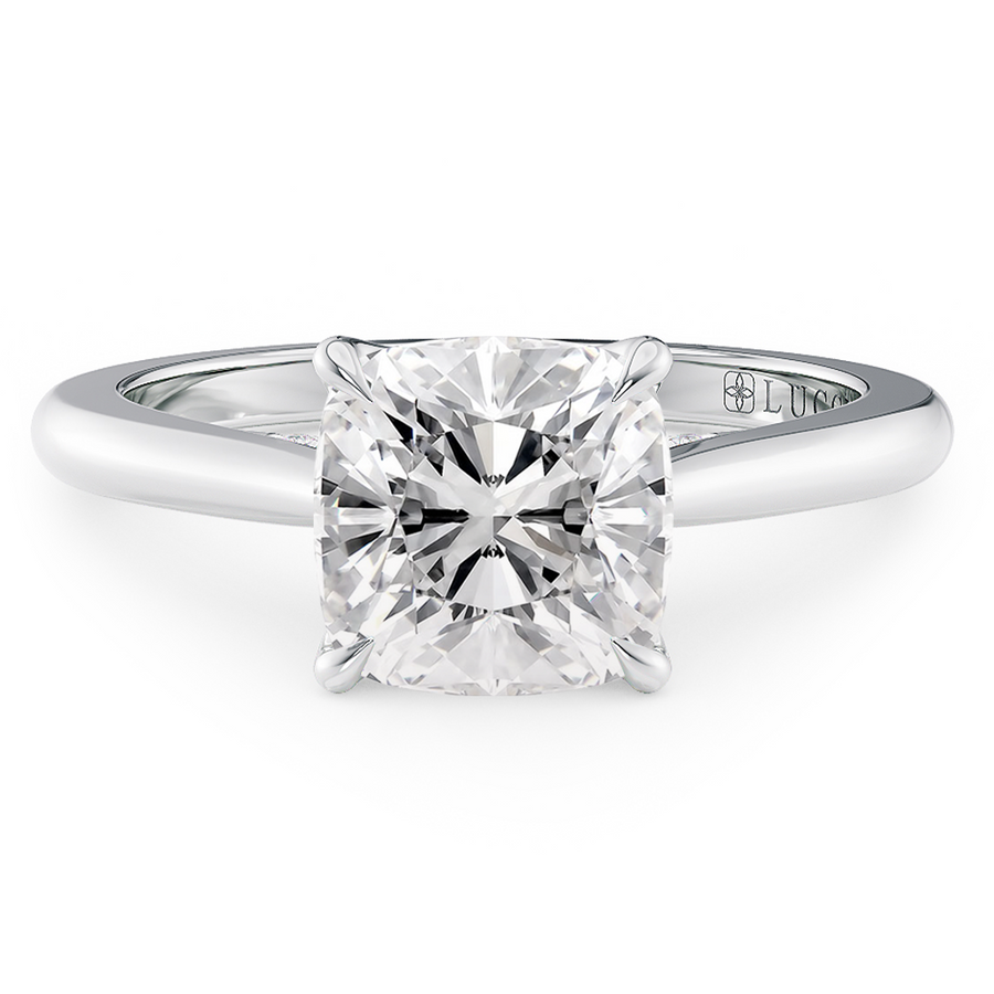 Load image into Gallery viewer, LUCCE Cathedral Cushion Diamond Solitaire Engagement Ring with Petal Prongs and Hidden Accent Stones in Gold or Platinum
