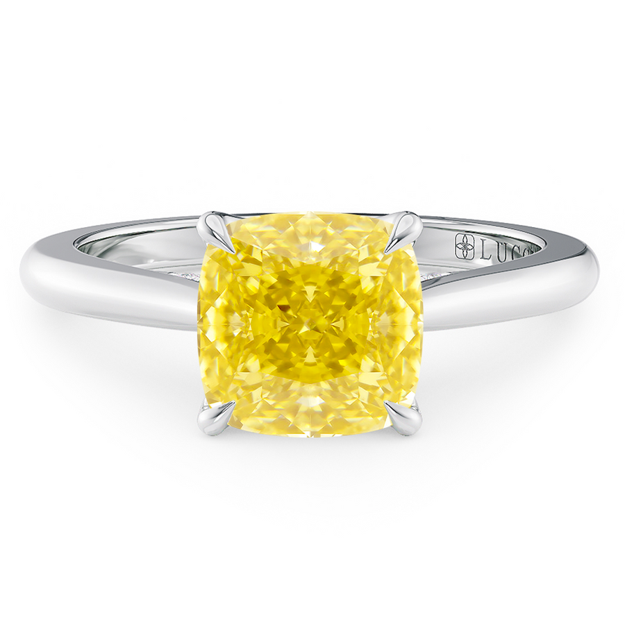 Load image into Gallery viewer, LUCCE Cathedral Cushion Yellow Diamond Solitaire Engagement Ring with Petal Prongs and Hidden Accent Stones in Gold or Platinum
