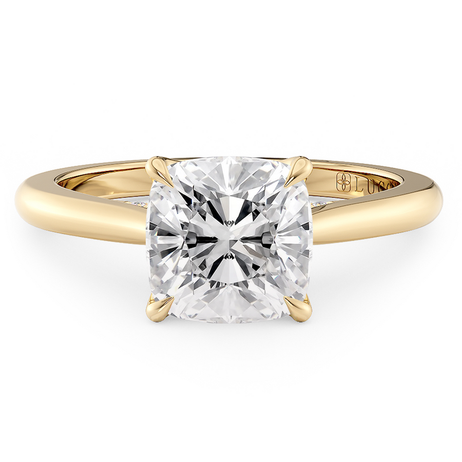 Load image into Gallery viewer, LUCCE Cathedral Cushion Diamond Solitaire Engagement Ring with Petal Prongs and Hidden Accent Stones in Gold or Platinum
