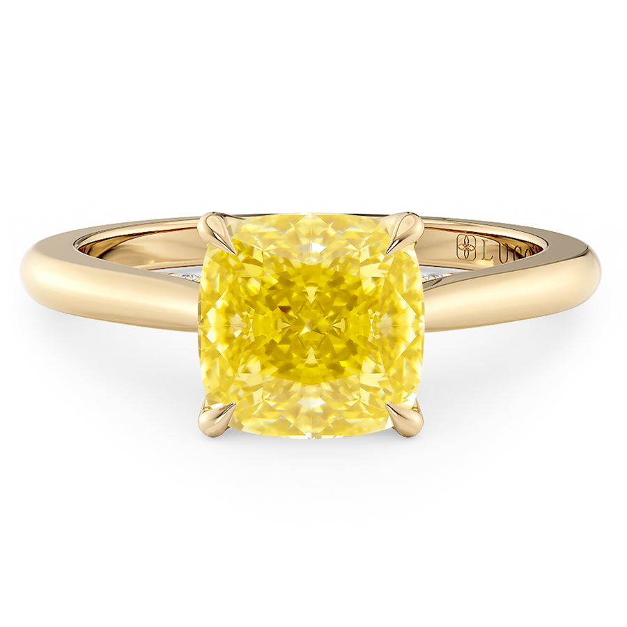Load image into Gallery viewer, LUCCE Cathedral Cushion Yellow Diamond Solitaire Engagement Ring with Petal Prongs and Hidden Accent Stones in Gold or Platinum
