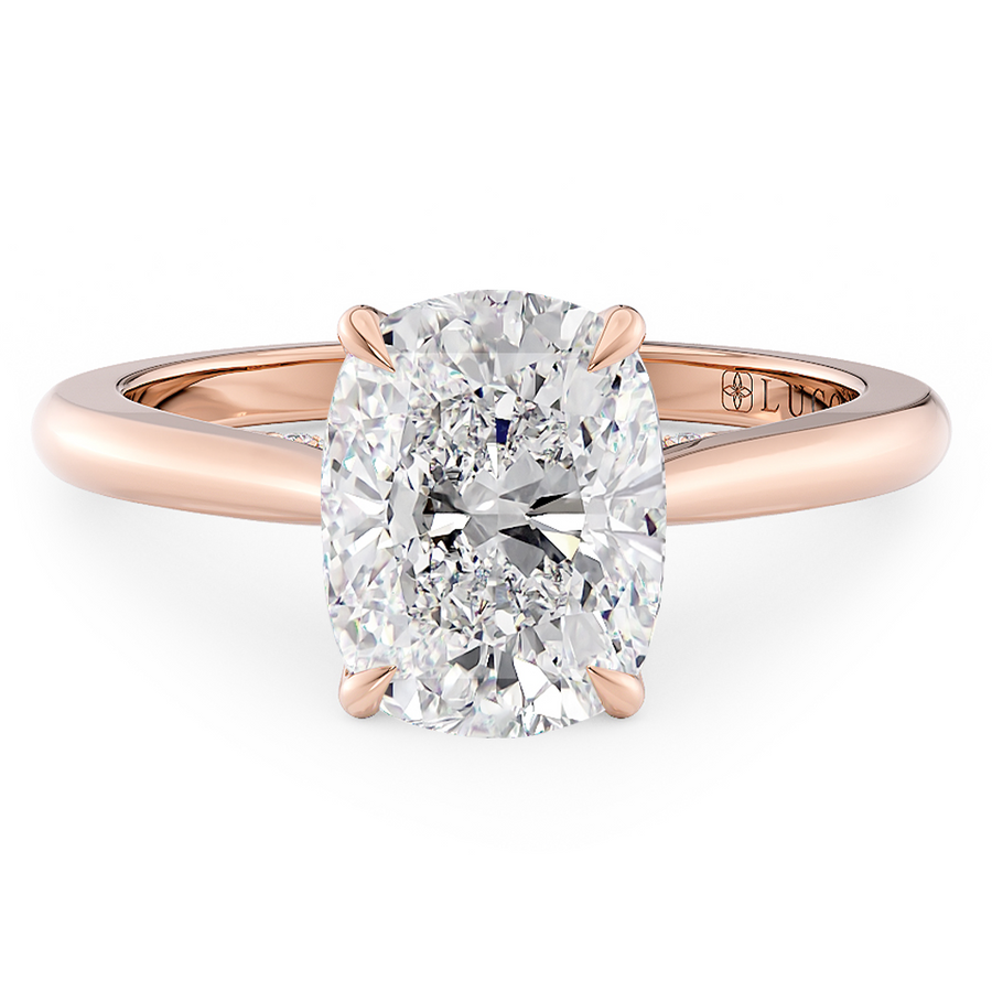 Load image into Gallery viewer, LUCCE Cathedral Cushion Diamond Solitaire Engagement Ring with Petal Prongs and Hidden Accent Stones in Gold or Platinum
