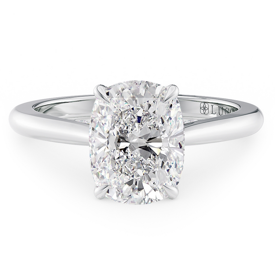 Load image into Gallery viewer, LUCCE Cathedral Cushion Diamond Solitaire Engagement Ring with Petal Prongs and Hidden Accent Stones in Gold or Platinum
