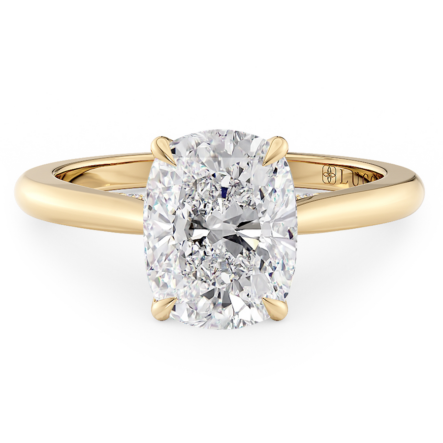 Load image into Gallery viewer, LUCCE Cathedral Cushion Diamond Solitaire Engagement Ring with Petal Prongs and Hidden Accent Stones in Gold or Platinum
