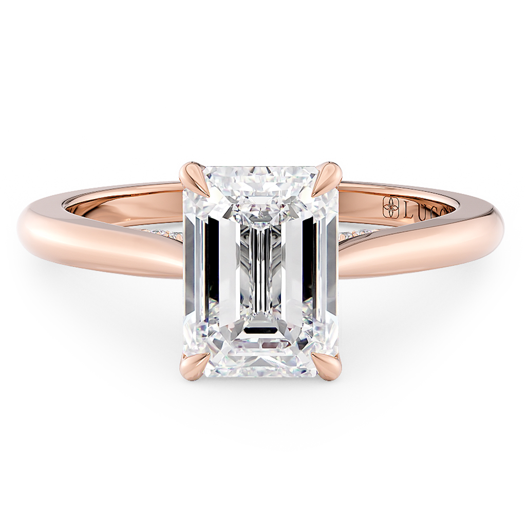 Load image into Gallery viewer, LUCCE Cathedral Emerald Diamond Solitaire Engagement Ring with Petal Prongs and Hidden Accent Stones in Gold or Platinum

